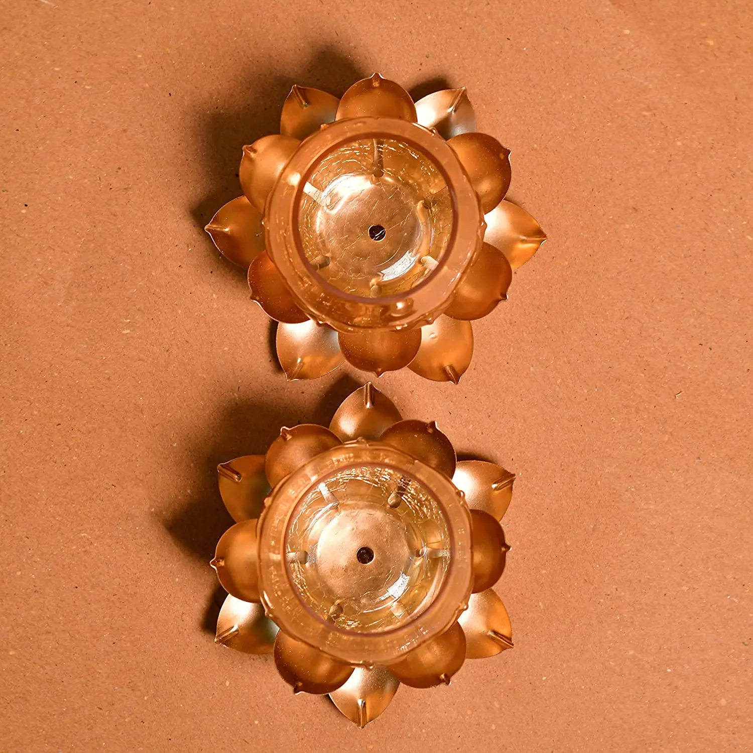 Brass Metal Lotus Flower Shape Candle Tealight Holder with Crackled Glass Cover Candlestick Pack Of 2 BY KSN