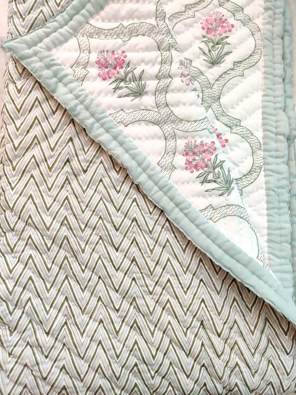 Cotton soft red printed  hand block print boho Jaipuri Rajai double bedspread quilt