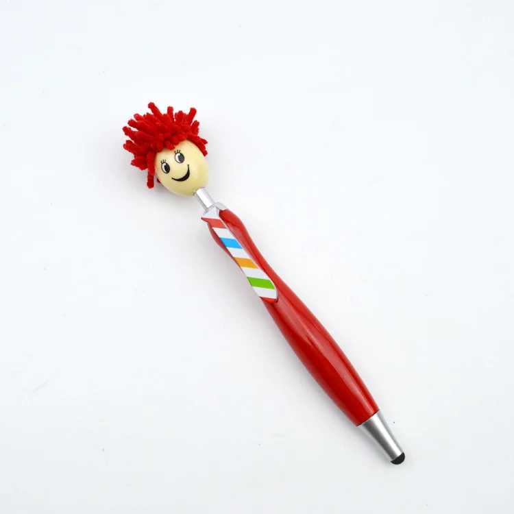 Wholesale Custom Logo Doll Head Stylus Screen Ballpoint Pen High Quality Promotional Smiley Mop Head Pen Mop Topper Pen