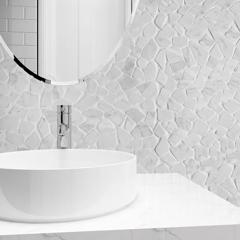 Tumbled Irregular Pebble Carrara White Marble Mosaic Tile For Wall Bathroom Swimming Pool