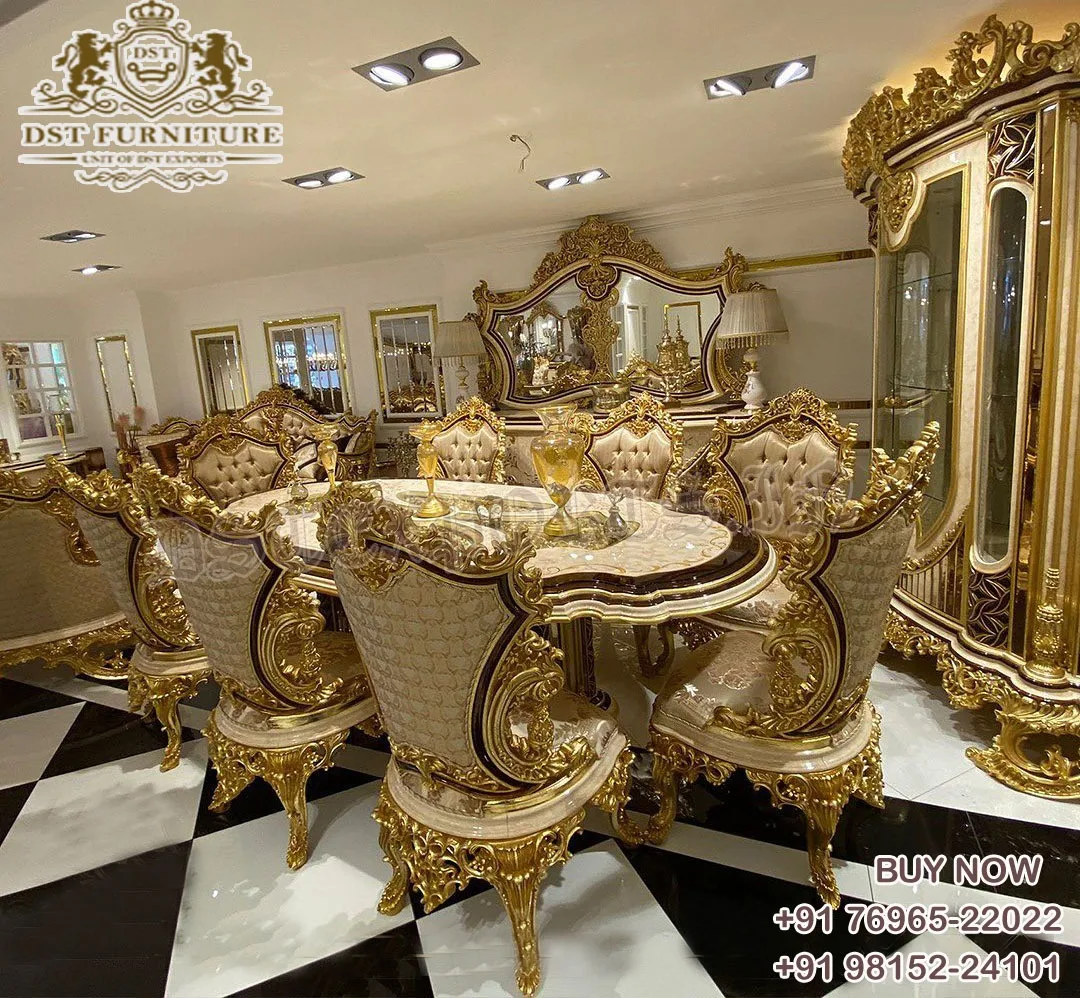 Russian Style Hand Carved Black Gold Dining Table Latest Handcrafted Gold Polished Dining Designer Heavy Crafted Dining Room Set