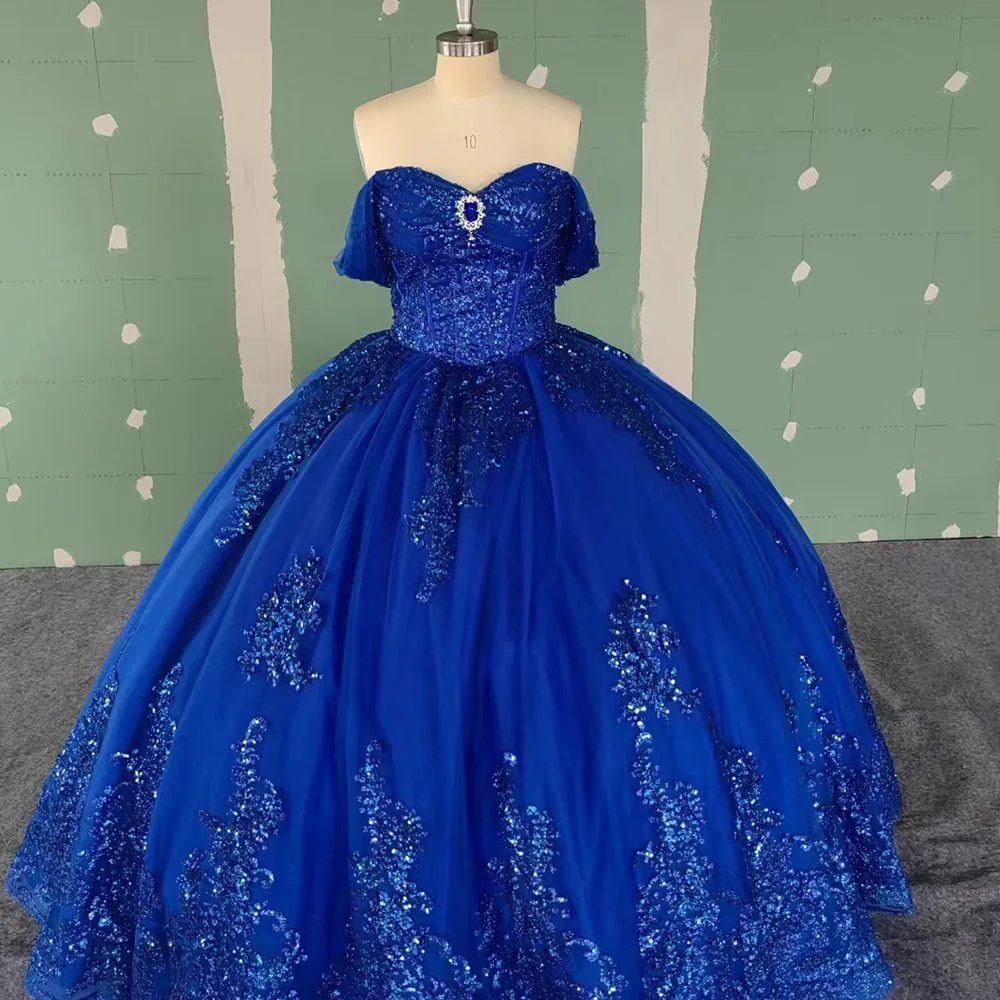 Jancember WC019 Diamond Navy Blue Lace Embroidery Puffy Quinceanera Dresses