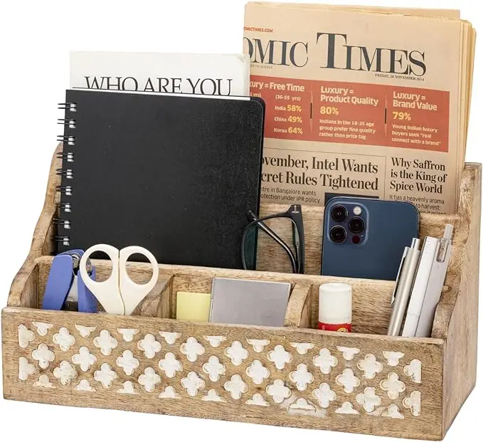 Wooden Office Mail Organizer for Desk Table, Vintage Wood Stationery Storage Pen Holder Desktop Accessories