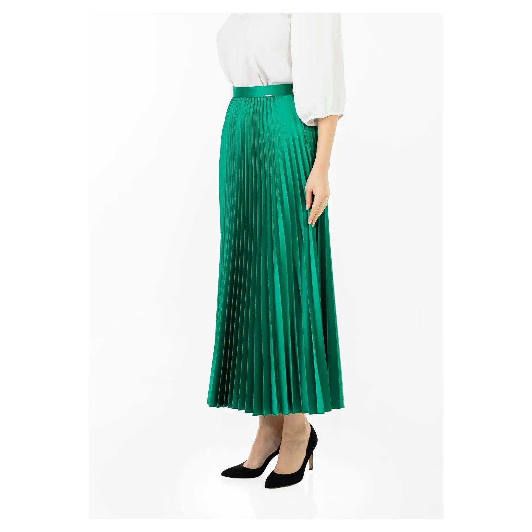 Maxi Length Satin Green Pleated Skirt