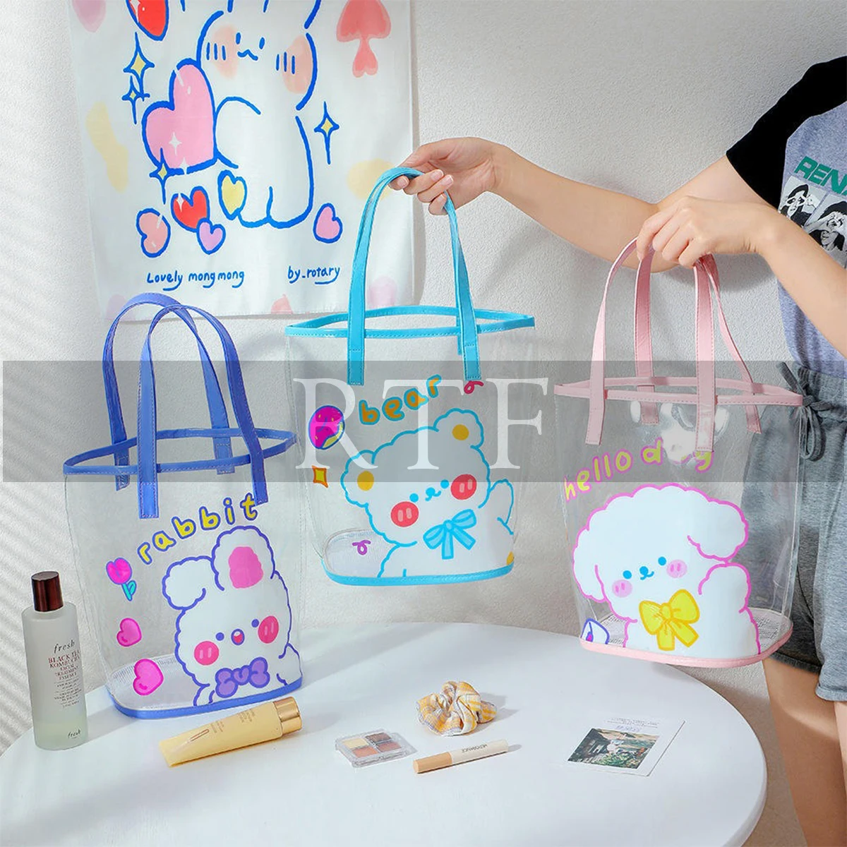 Summer new cartoon transparent PVC handbag girl Jelly shoulder bag large capacity can drain net bottom beach bag by Raw to Fine
