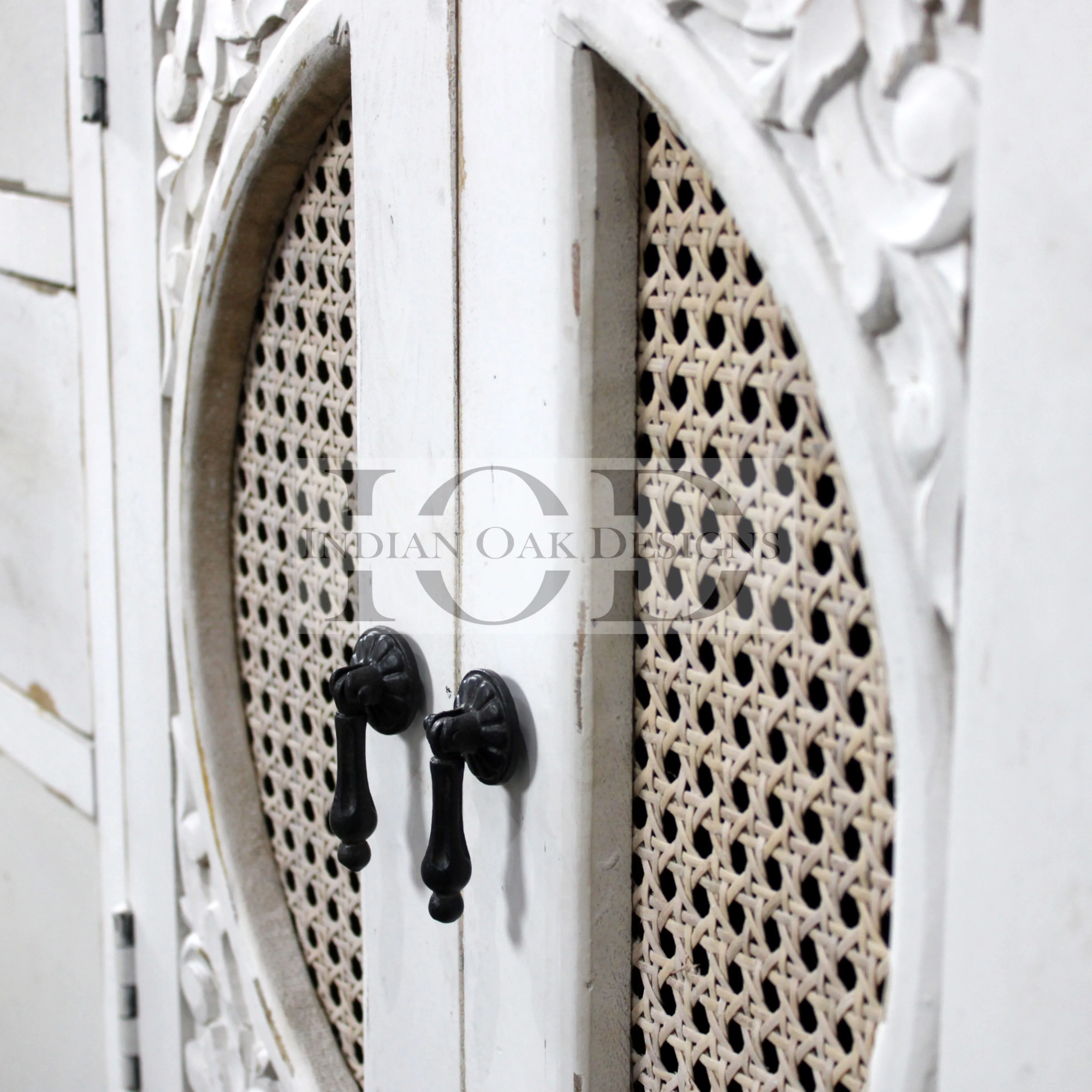 Indian Rattan Distressed Shabby Chic Natural Wooden Wicker Handmade Hand Carved Rattan Storage Cabinet Dresser Buffet Cupboard