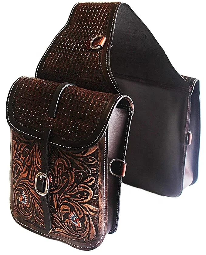 Custom Logo Genuine Leather Western Trail Tooling Carving Horse Saddle Bag for Equestrian Use