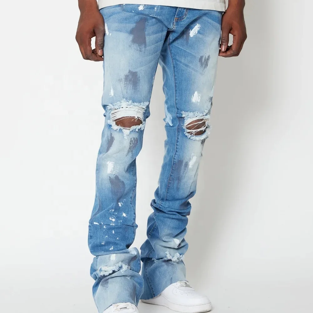 OEM/ODM custom stacked jeans men hole ripped jeans men print stacked jeans men distressed denim pants