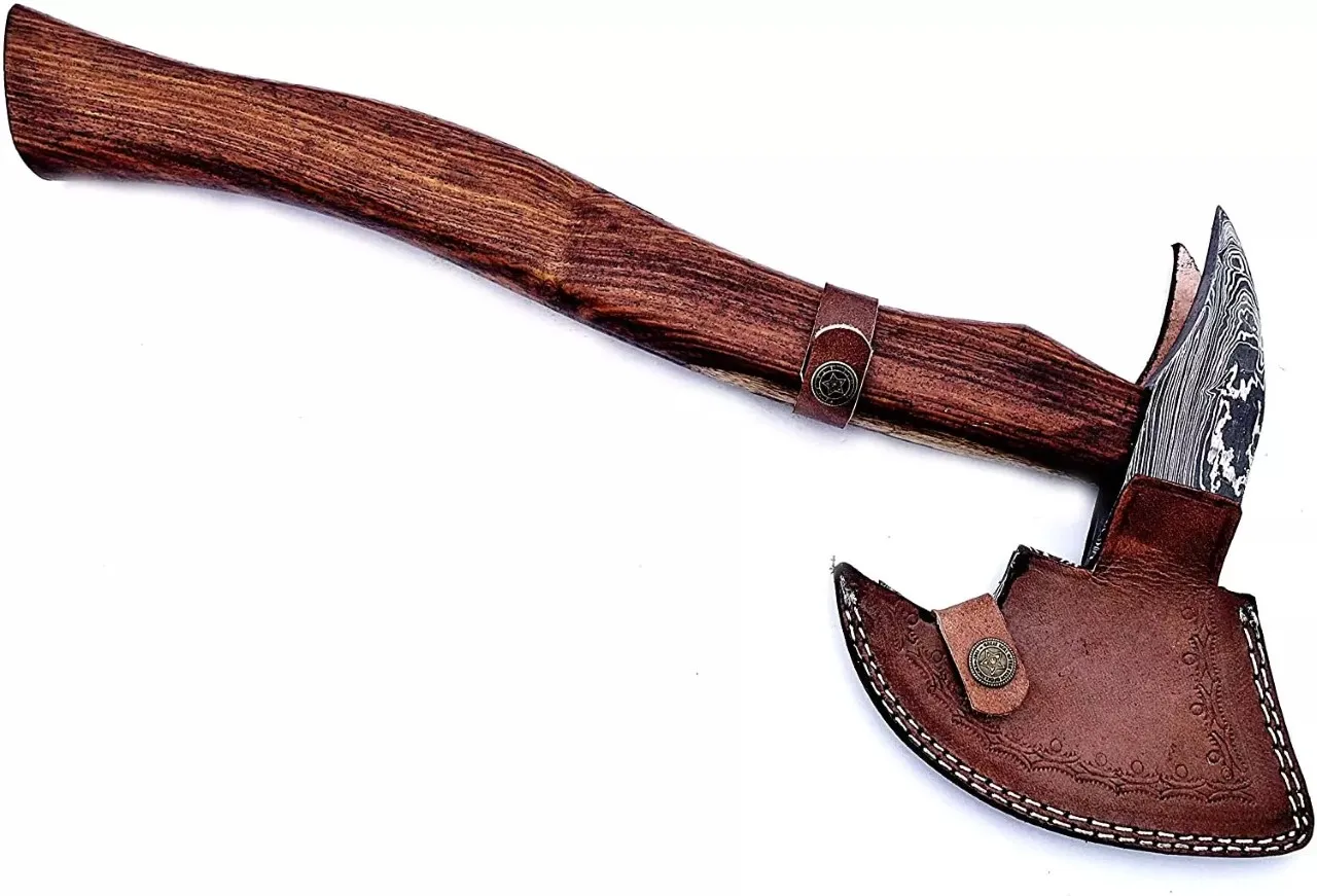 Hot Selling Custom Hand Made Damascus Steel Top Quality Logo Printed Axe With Leather Sheath Sharp Edge