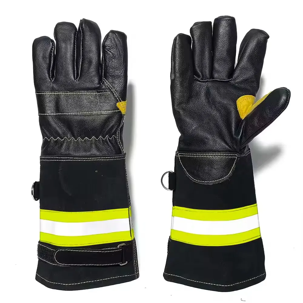 100% Flame Retardant Woven Fabric Canvas Fabric Sewn Heat Resistant Firefighter FireFighting leather Gloves with Reflective Tape