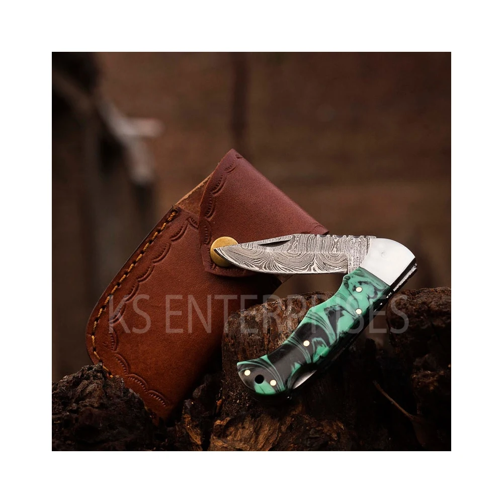Custom Handmade Damascus Steel Folding knives Pocket knife Back Lock with Leather Sheath Tactical Folding Knife