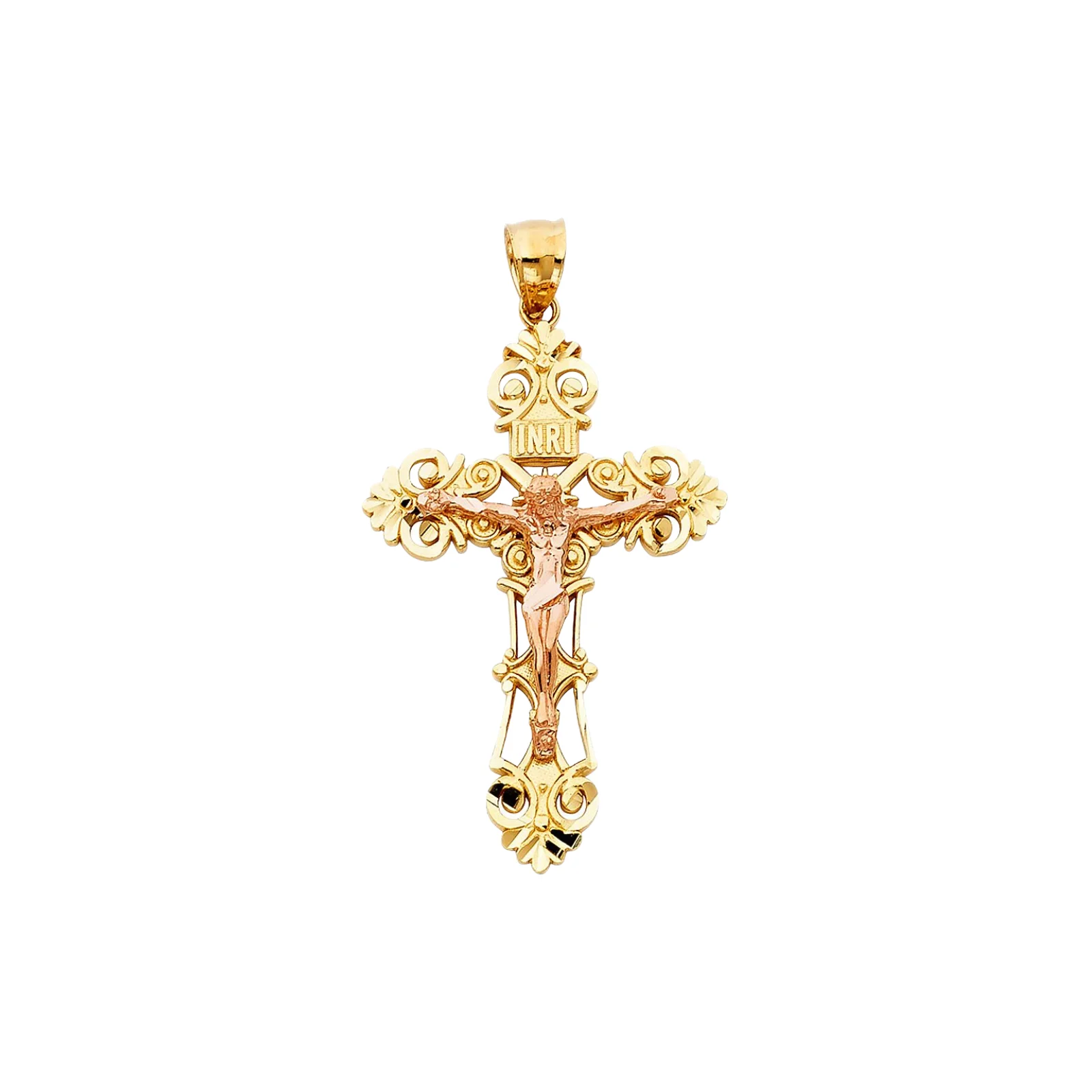 14k Two Tone Gold Plated Religious Fancy Crucifix Cross Jesus INRI Charm Pendant Luxury Jewelry