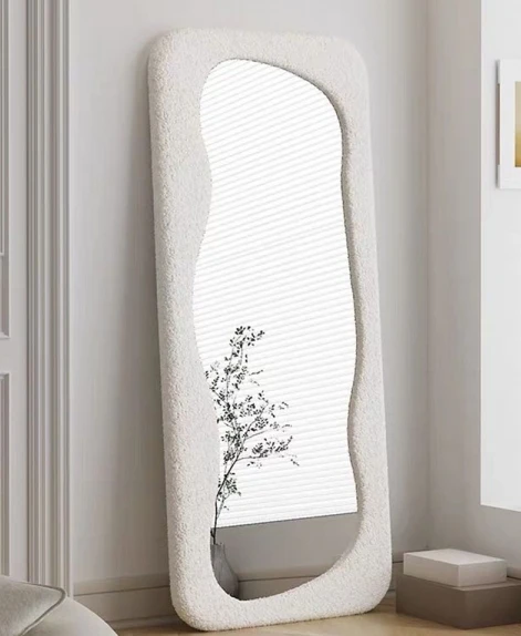 Factory direct BSCI cute 60x160cm beige teddy fleece fabric MDF wood wall floor home decoration mirror