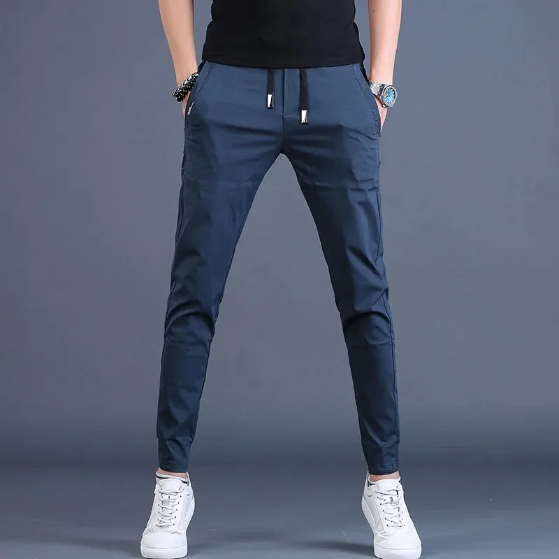 Summer Casual Sport Joggers Pants Men Fashion Korean Style Blue Slim Fit Drawstring Trousers