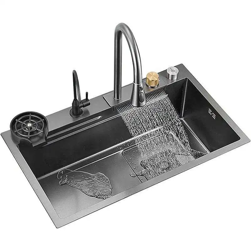 Luxury Modern Multifunctional Smart Waterfall Kitchen Sinks Set Draining Single Bowl 304 Stainless Steel Faucet Sink Kitchen