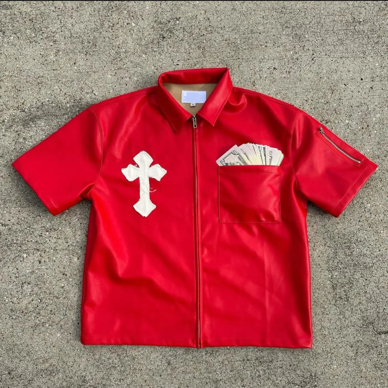 Hot Selling Streetwear High Quality Short Sleeve Zip Up Leather Shirt For Men Boxy Fit High Street Style Blank Tee Shirts