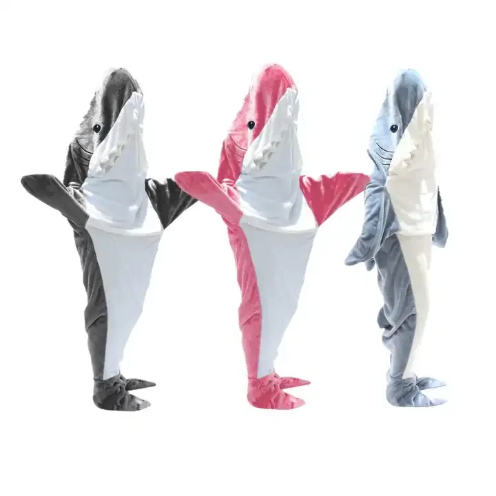 2023 Custom Soft Cozy Plush Fleece Wearable Wearable Blanket Onesie Adult Kids Hood Hoodie Sleeping Bag Shark Blanket