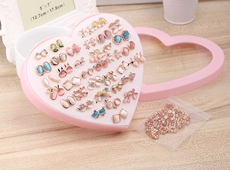 Hot Sale Fashion 18 K Gold Plating Small Stud Earrings Set Heart Box Mixed Batch 36 Pieces Pearl Earrings Women /