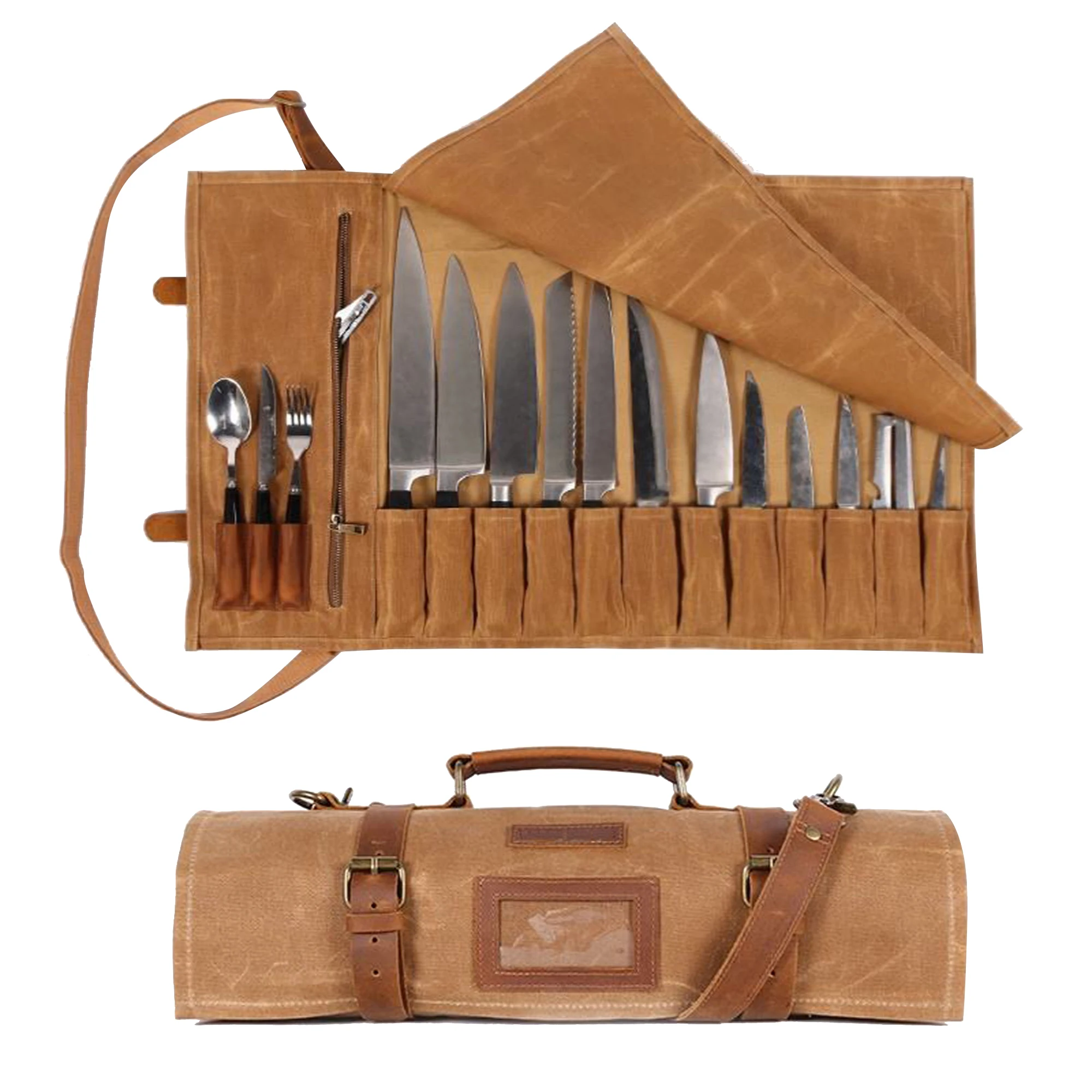 Custom 12 Knife Slots Heavy Duty Waterproof Waxed Canvas Leather Chef  Knife Roll Up Storage Bag