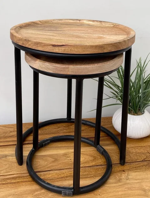 Wooden Top Metal Side Table Set Of Two Creative Stylish Fancy Table Customized Shape And Size Decorative Metal Side Table