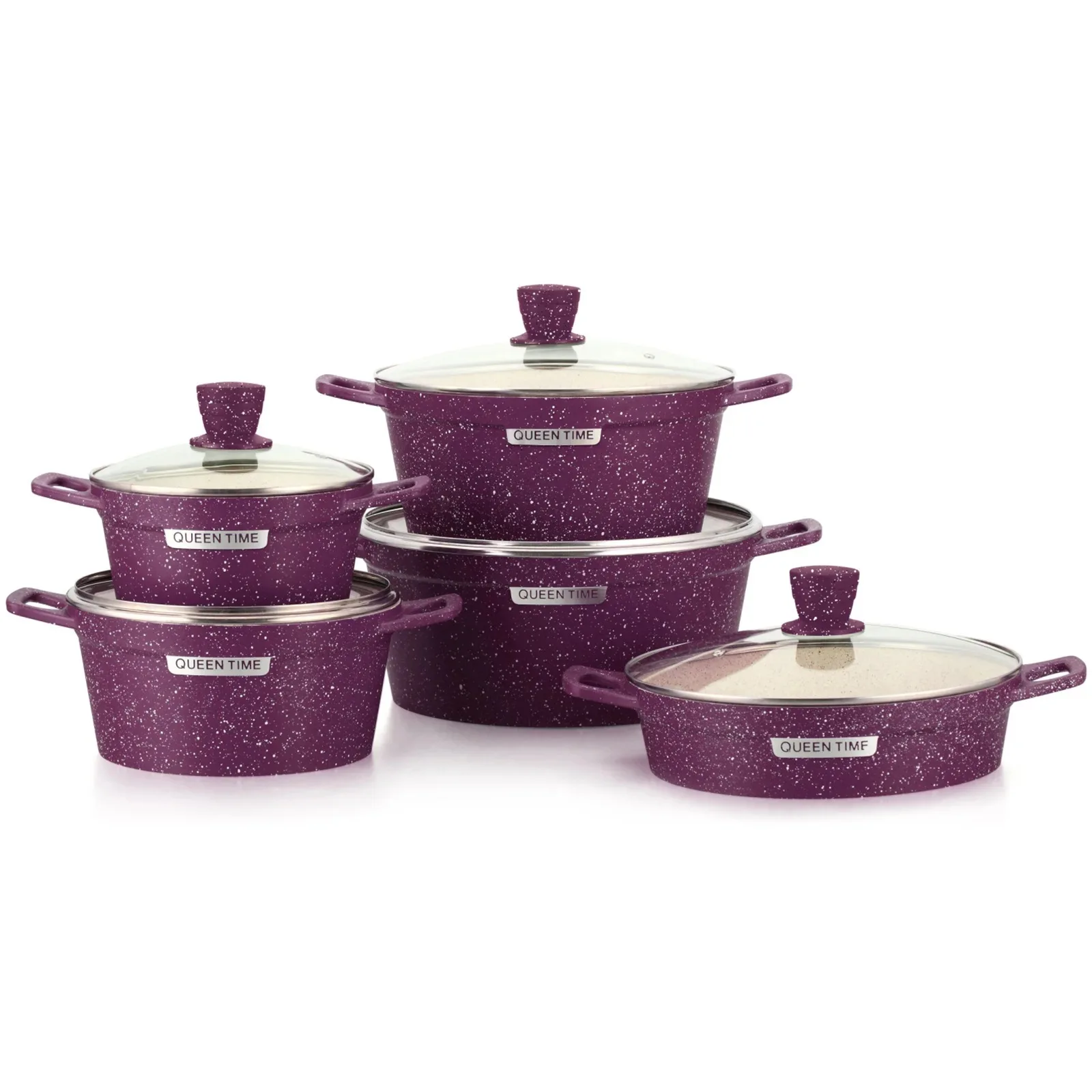 Non Stick Cookware Set Granite Kitchen Cookware Set 10 PCS Purple Metal Aluminum Wood Modern Glass Cover Aluminum Pot Gas Cooker