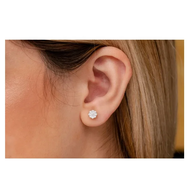 Mosaic Stud Earring Round Natural Diamond Open  Earrings For Women 14KT Yellow Rose White Gold Fine Jewelry