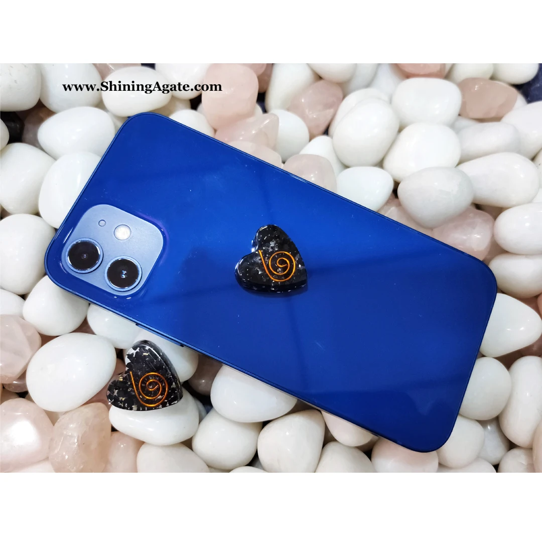 Black Tourmaline Shungite Crystal Stone Heart Shape EMF Protector Phone Grip Radiation Protection Orgonite Energy Phone Grip