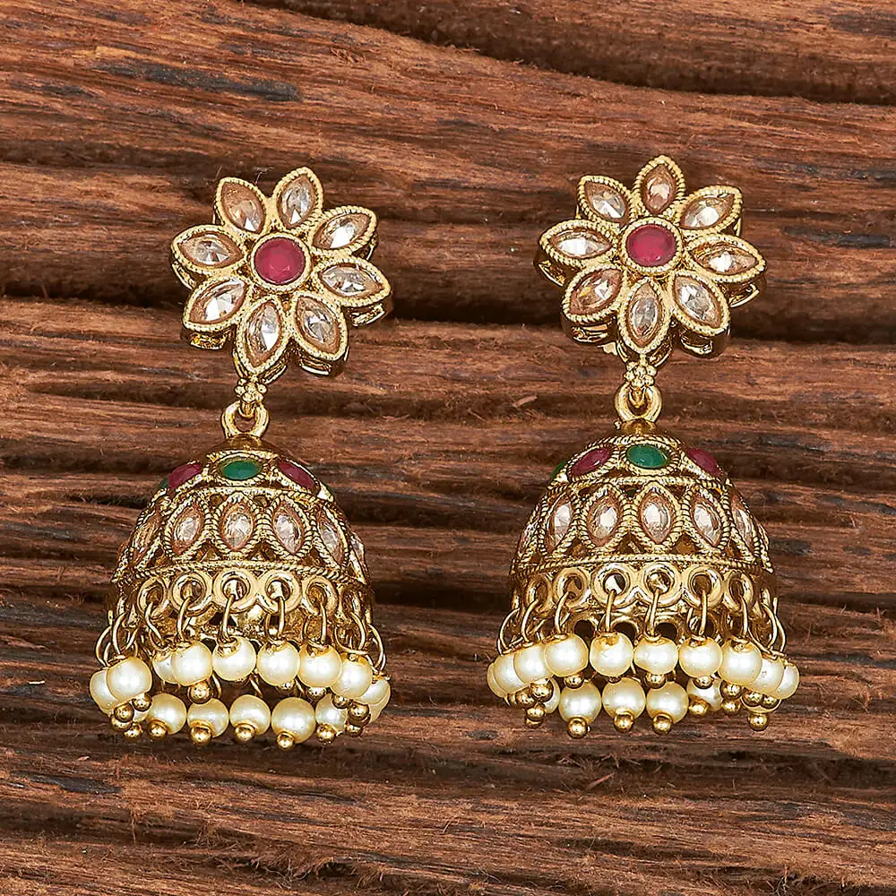 Latest Wholesale Quality Of Mehndi Plated Antique Reverse Ad Stone Jhumki Earring With Pearls