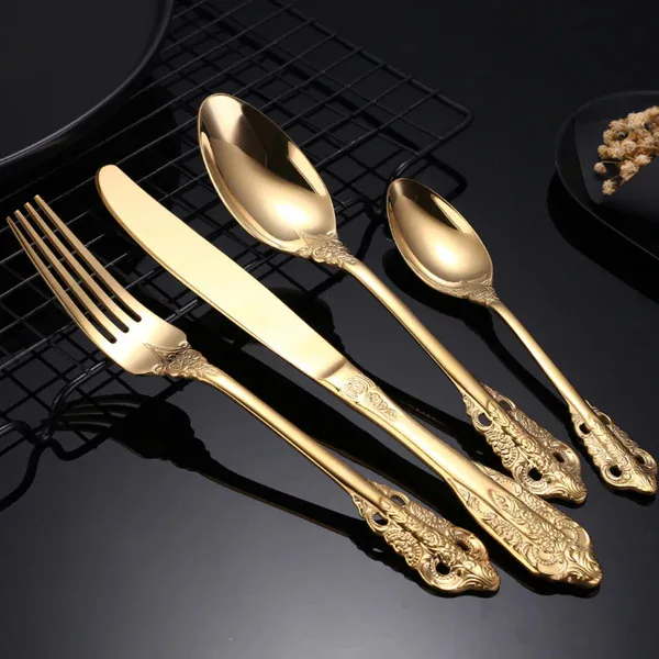 Heavy Thick Handle Flatware Stainless Steel 18 10 Matte Gold Cutlery Set For Wedding