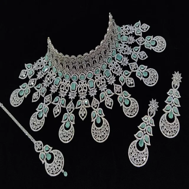 American Diamond Choker Rhodium Plated CZ Necklace jewelry Set (AD) for Women Girls Wholesale Rate High  Trendy  Indian Sets