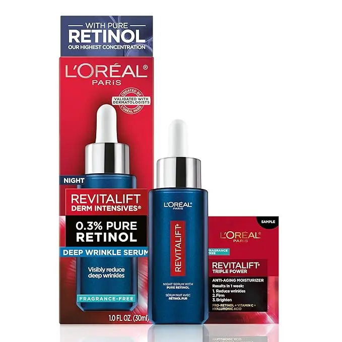 LOreal Paris Revitalift 0.3% Pure Retinol Night Serum, Reduce Deep Wrinkles, Fragrance Free 1 oz + Moisturizer