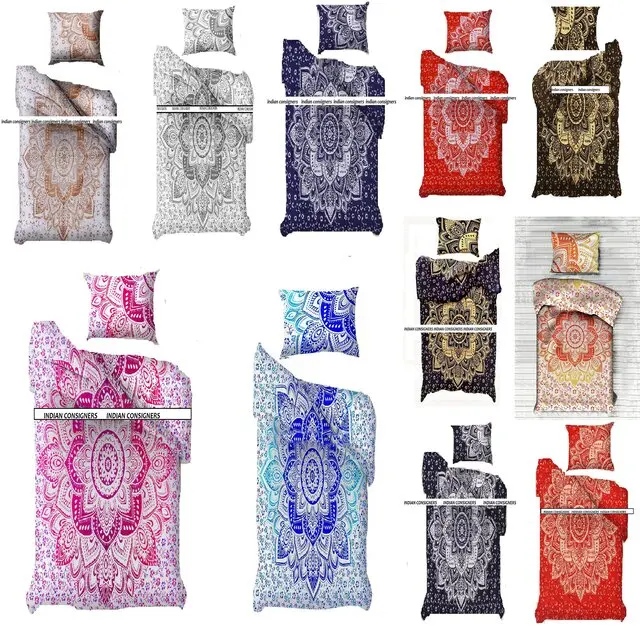 Handmade Cotton Bedding Twin Size Ombre Mandala Duvet Cover Pillow Case Hippie Style Printed Quilt Cover Multiple Colors Home