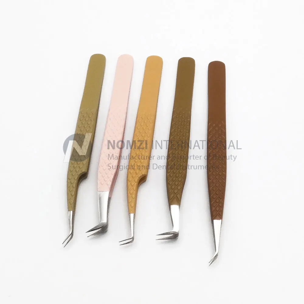 Stainless steel Private Label Brown Pink Color Stainless Steel Diamond Grip Eyelash Extension Tweezers With Custom Packing