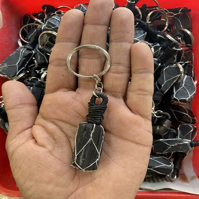 King Agate Handmade Wire Cage Tumbled Stone Keychain Best Quality Black Tourmaline for Home Decor & Meditation Feng Shui Style