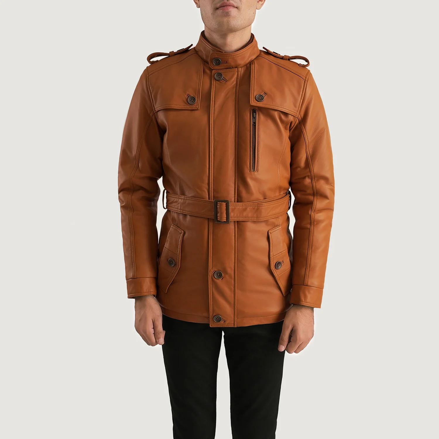 New 2024 Design Stylish Tan Brown Original Sheepskin Leather Button Details Belted Leather Jacket for Men