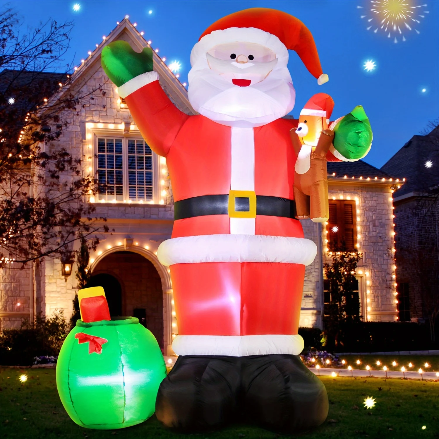 12 feet of Christmas inflatable outdoor decorations Santa carries goodie bags and bears, LED lights, and winter decorations