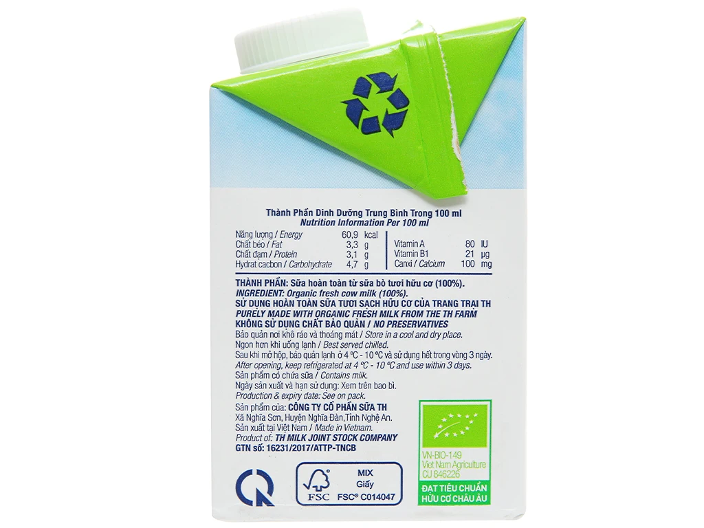 Organic dairy product TH True Milk Organic 500ml Halal, BRC, FSSC, ISO certified high quality products from Vietnam