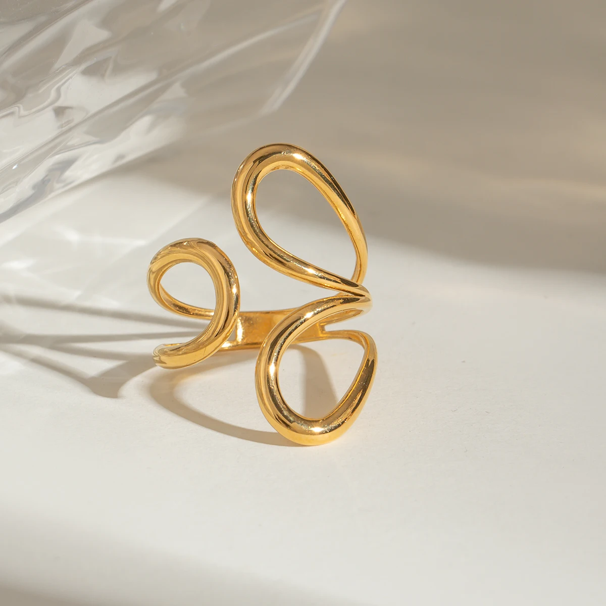 J&D 18k Gold Stainless Steel Adjustable Polished Abstract Line Open Ring Artistic Unique Linear Statement Jewelry
