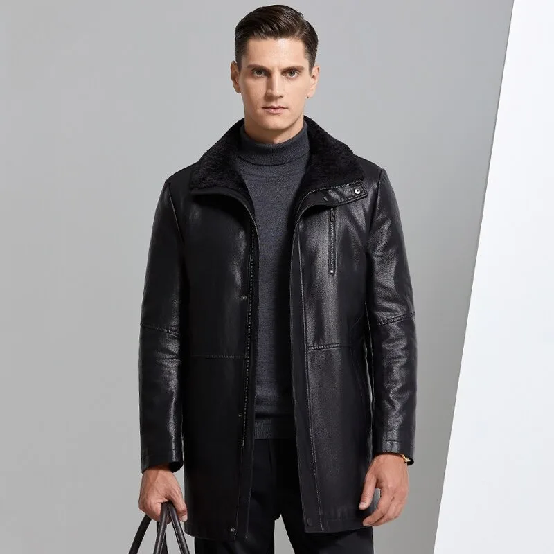 Fur Integrated Men Leather Jacket Mid-length Thickened Natural Sheepskin Lapel Home Casual Jacket Factory Direct Sales