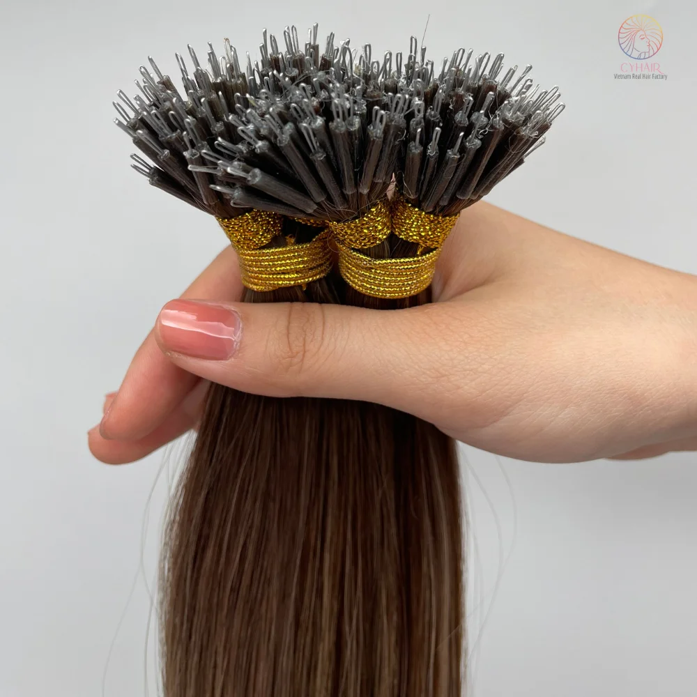 Invisible Nano Tips Vietnamese Human Hair Natural Hair Extensions #DU Color Nano Ring Hair Extensions 55 Cm