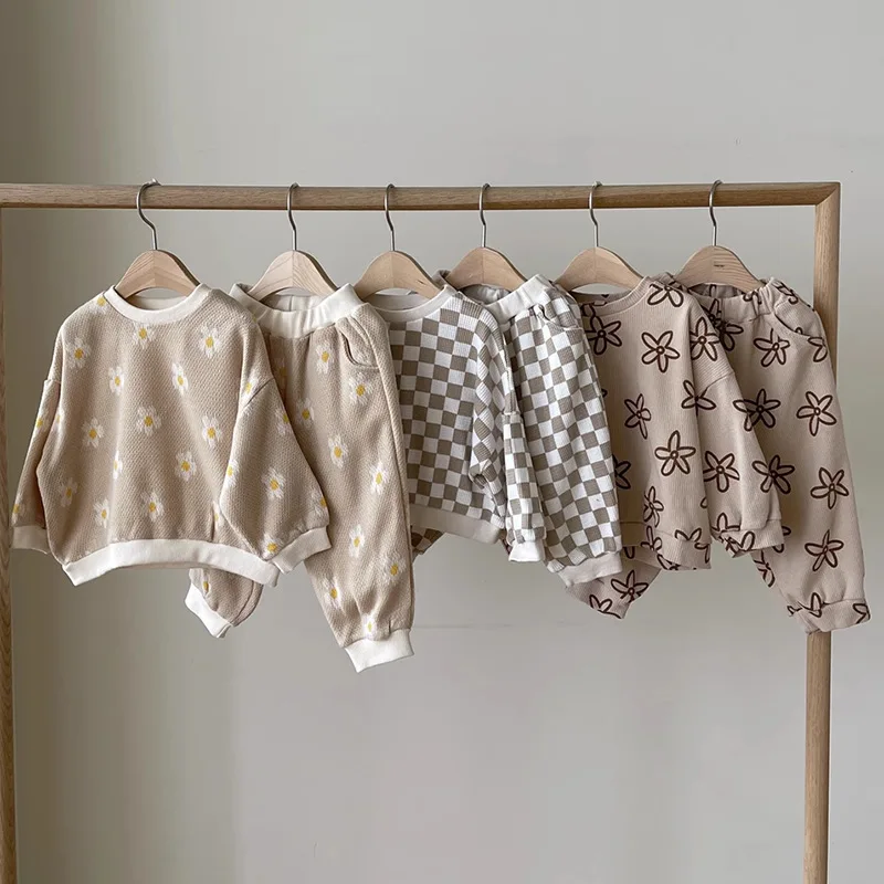 Flowers Checker Prints Waffle Joggers Set Infant Toddler Baby Fall Clothes Cozy Suits