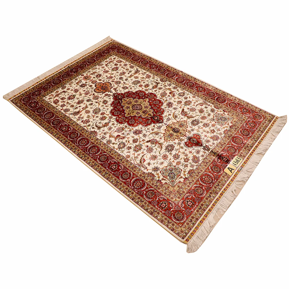 Yuxiang 4.5x6.5ft Top Handcraft Pakistan Rug Beige Hand Knotted Area Rug Pure Silk Persian Carpet