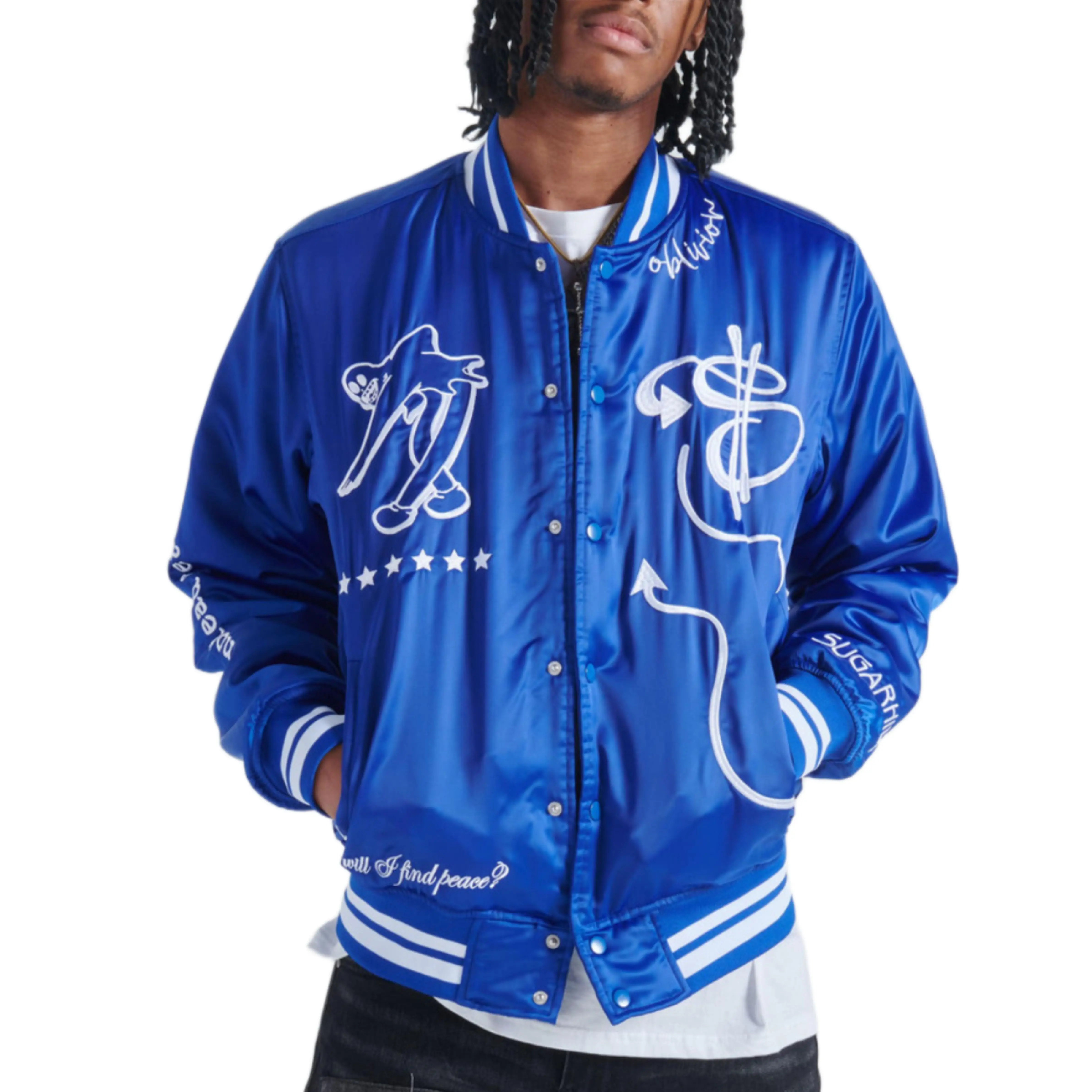 Мужская атласная куртка-бомбер с белой отделкой на плечах, 100%