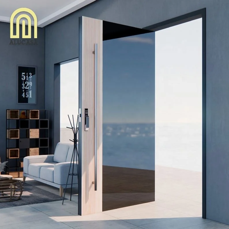 Alucasa Hurricane Custom Villa Big Luxury Black Entry Modern Stainless Steel Front Entrance Pivot Door