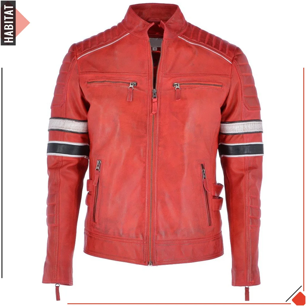 Red Distressed Retro Arm Strip Real Genuine Sheepskin Leather Men Jacket