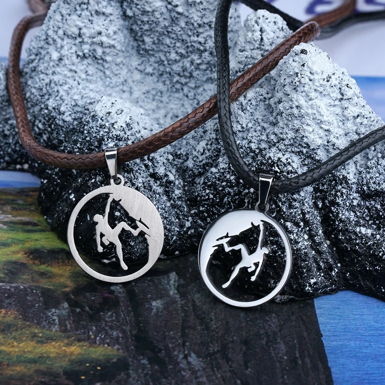 Designed Hollow Round Rock Climber Boy Pendant Climbing Jewelry Necklace Stainless Steel Thick Leather Cord Necklace For Men