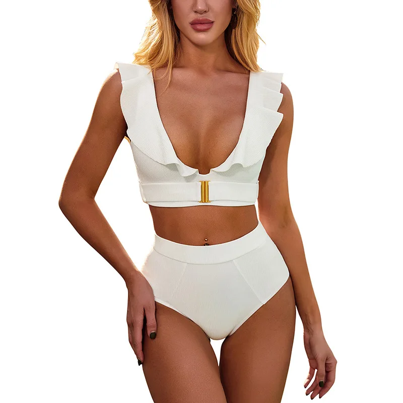 Wholesale Plain Bikini High Waist Two Piece Pure Swimsuits Ruffle Strap Fitness Bikini With Belt Ribbed Fabric Bikinis