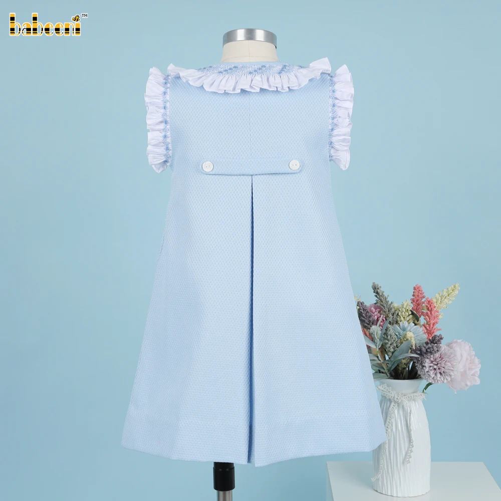Girl Geometric Smocked Dress In Blue OEM ODM kids smocked baby dress smocked girl dress kids clothing wholesale - DR3802