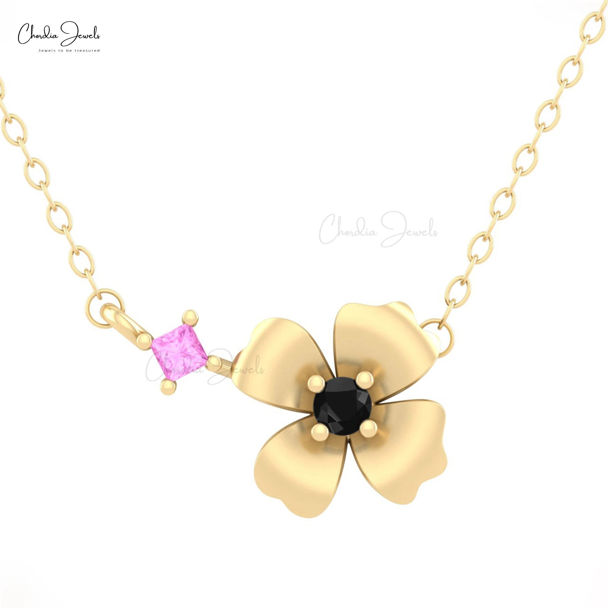 Popular Products 2024 Flower Design 0.06 CT Pink Sapphire & Black Diamond 14K Gold Fine Jewelry Necklace for Women at Wholesale
