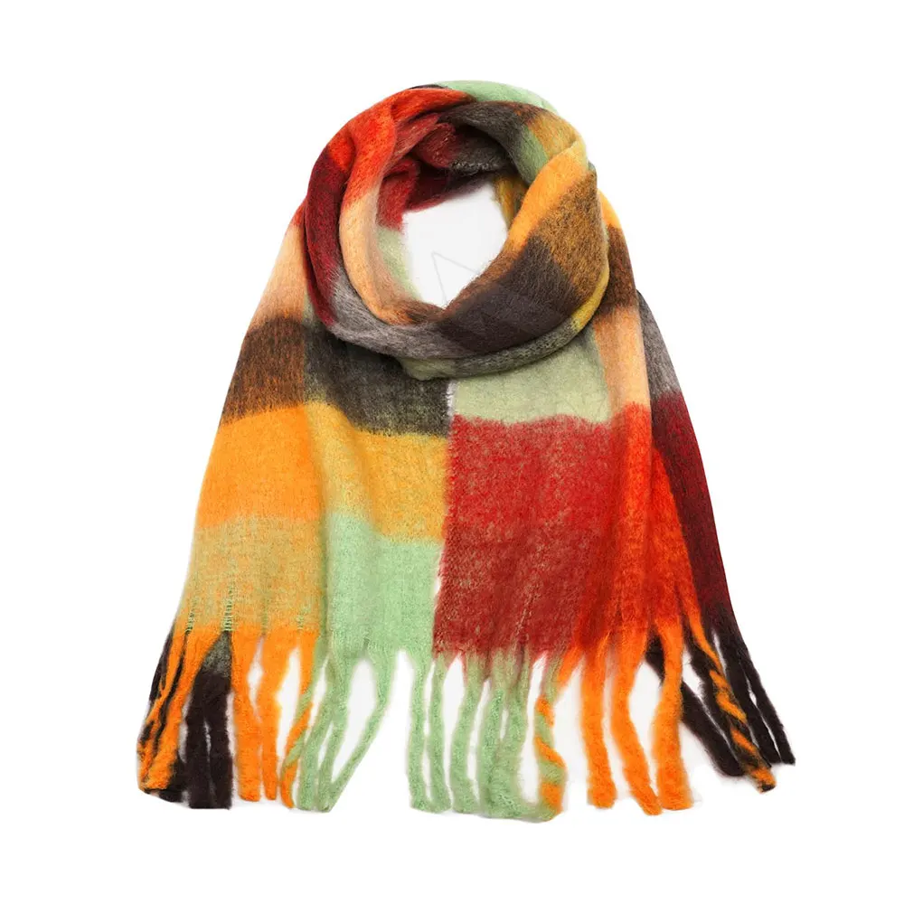 Fashion Fall Thick Stock Long Large Cape Tassel Acrylic Chunky Fringe Winter Women Fluffy Oversized Plaid Scarf